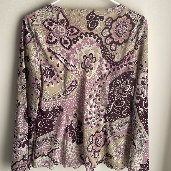 Apt.9 Career V-Neck Fully Lined Top Lace trim flared sleeves- tan & purple- L - Picture 2 of 15